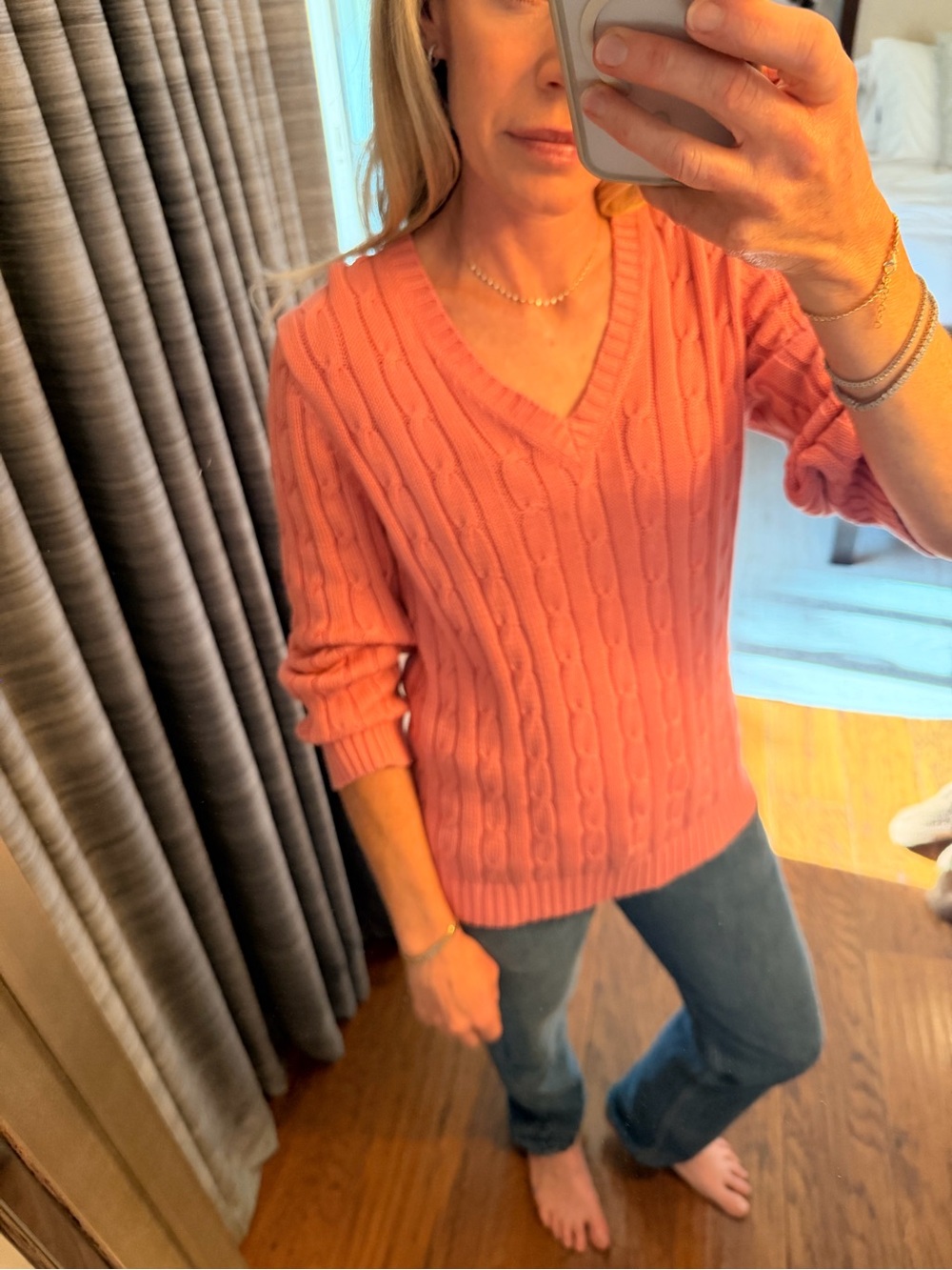 Jones New York Signature V-Neck Cable Knit Sweater - Coral Pink